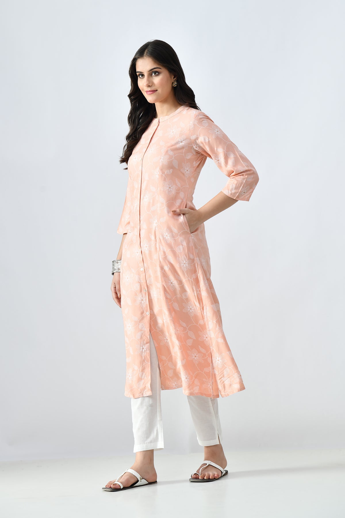Peach Printed A-line Kurta