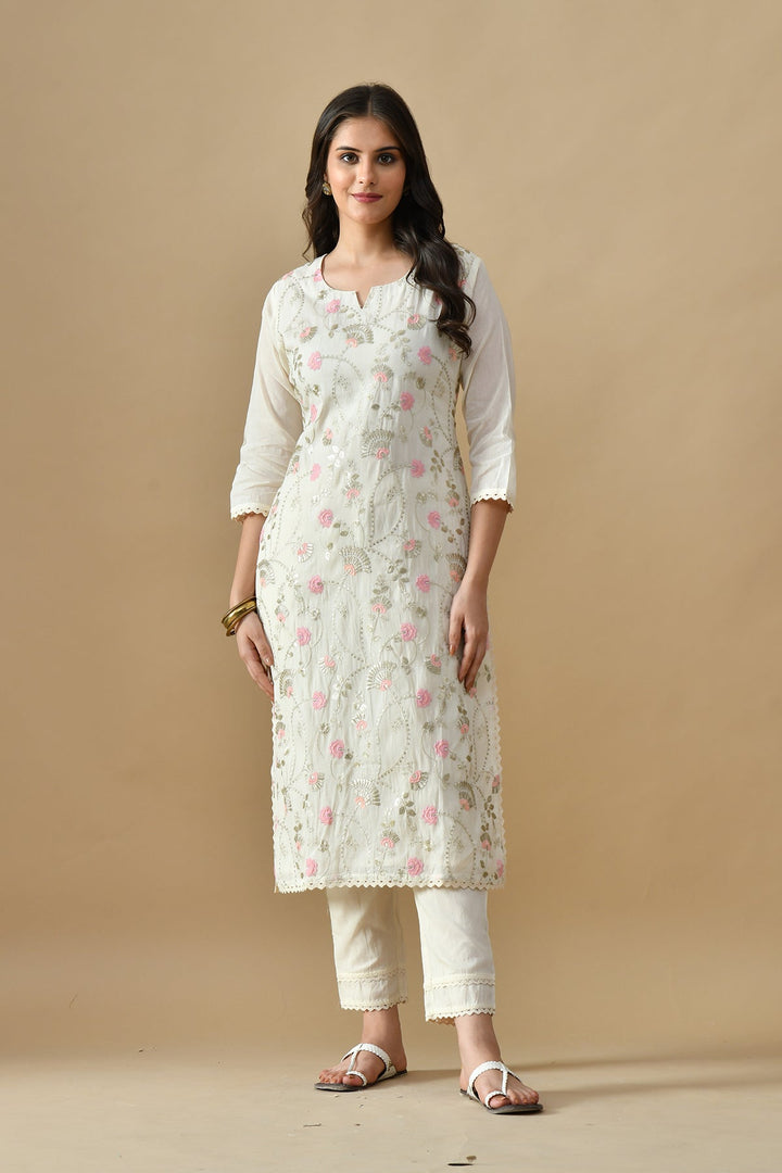 Cream Embroidered Kurta Set