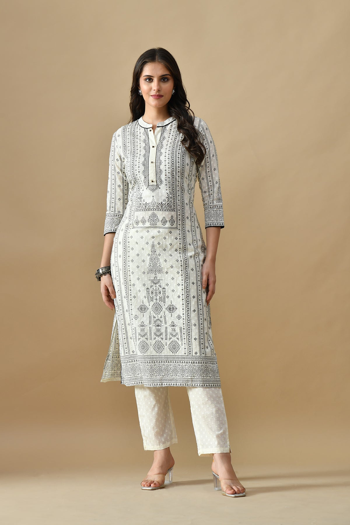 Cream Printed Kurta Set