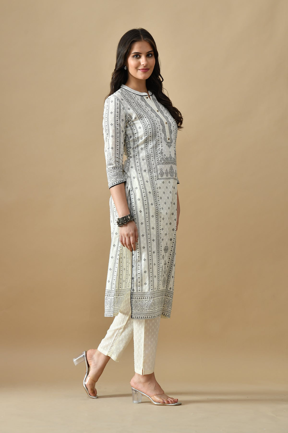 Cream Printed Kurta Set