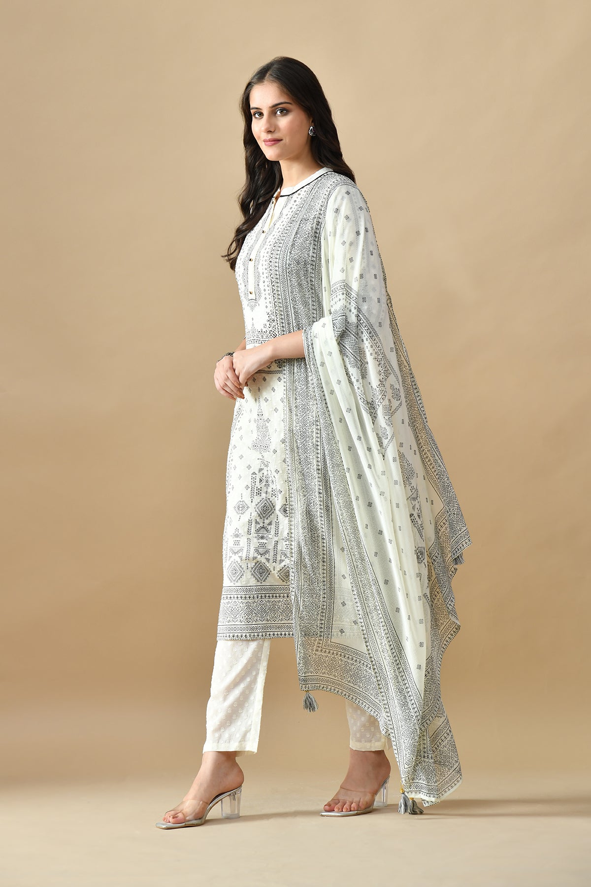 Cream Printed Kurta Set