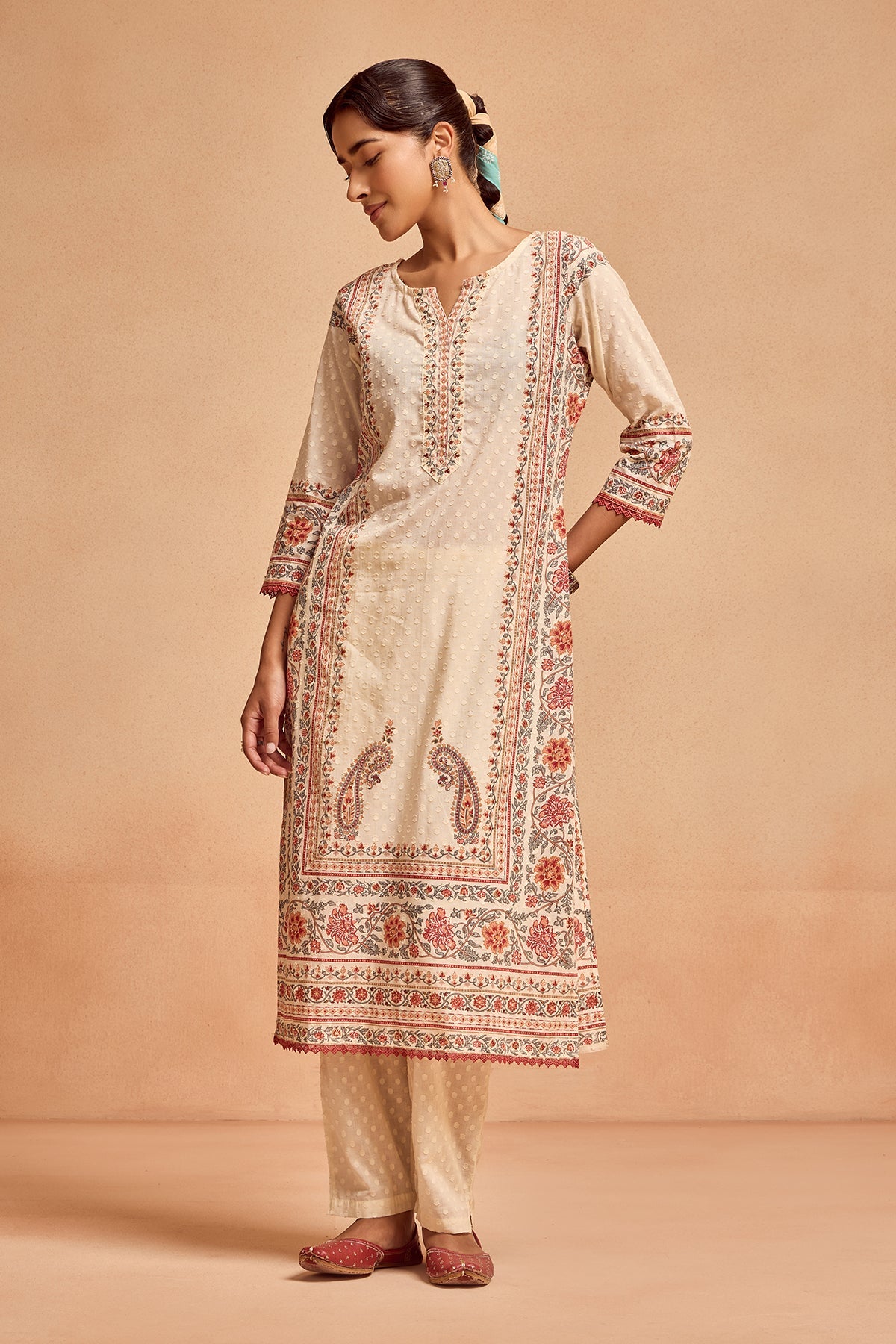 Cream Printed Kurta Set