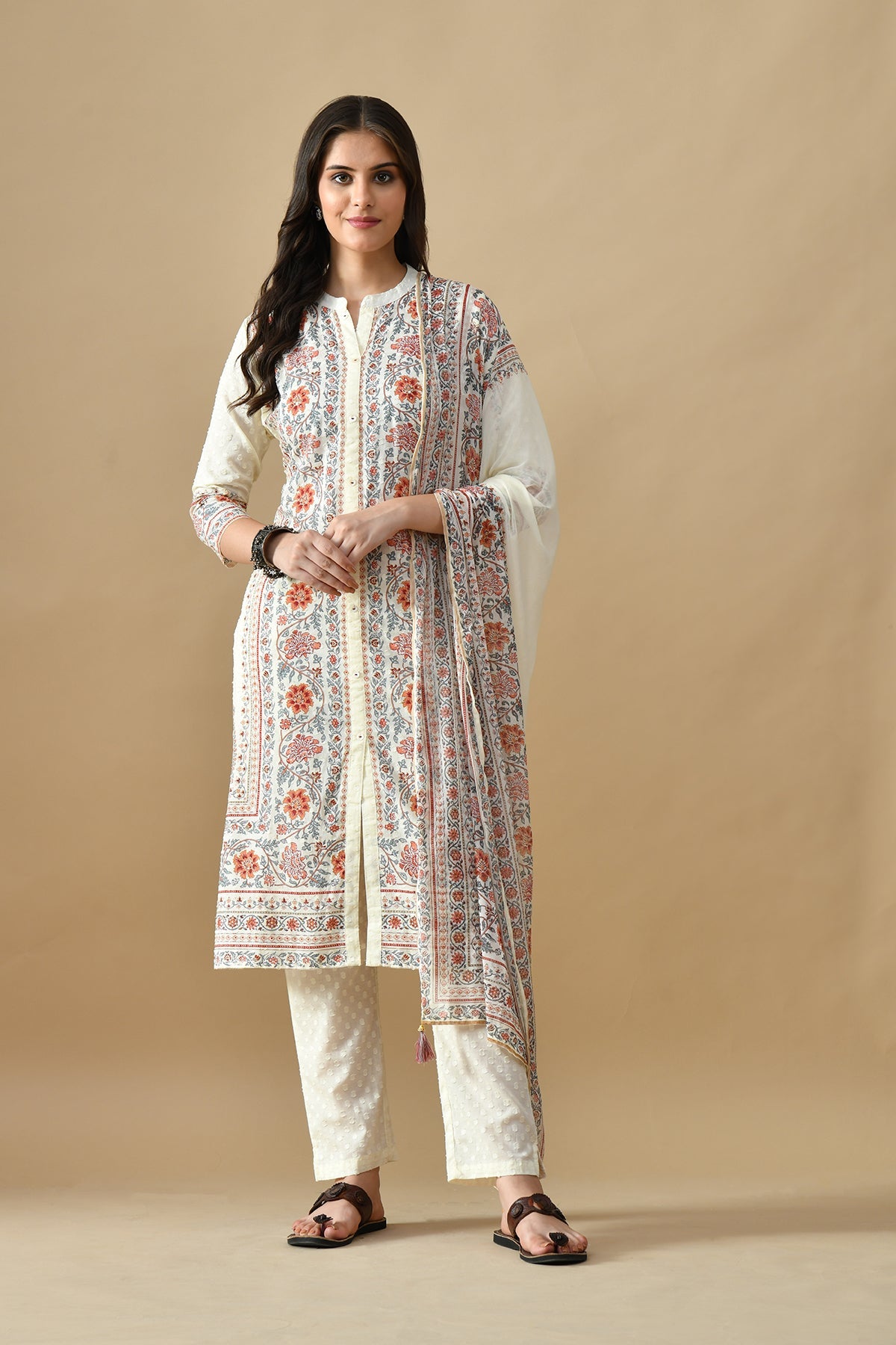 Cream Printed Kurta 3 Pcs Set