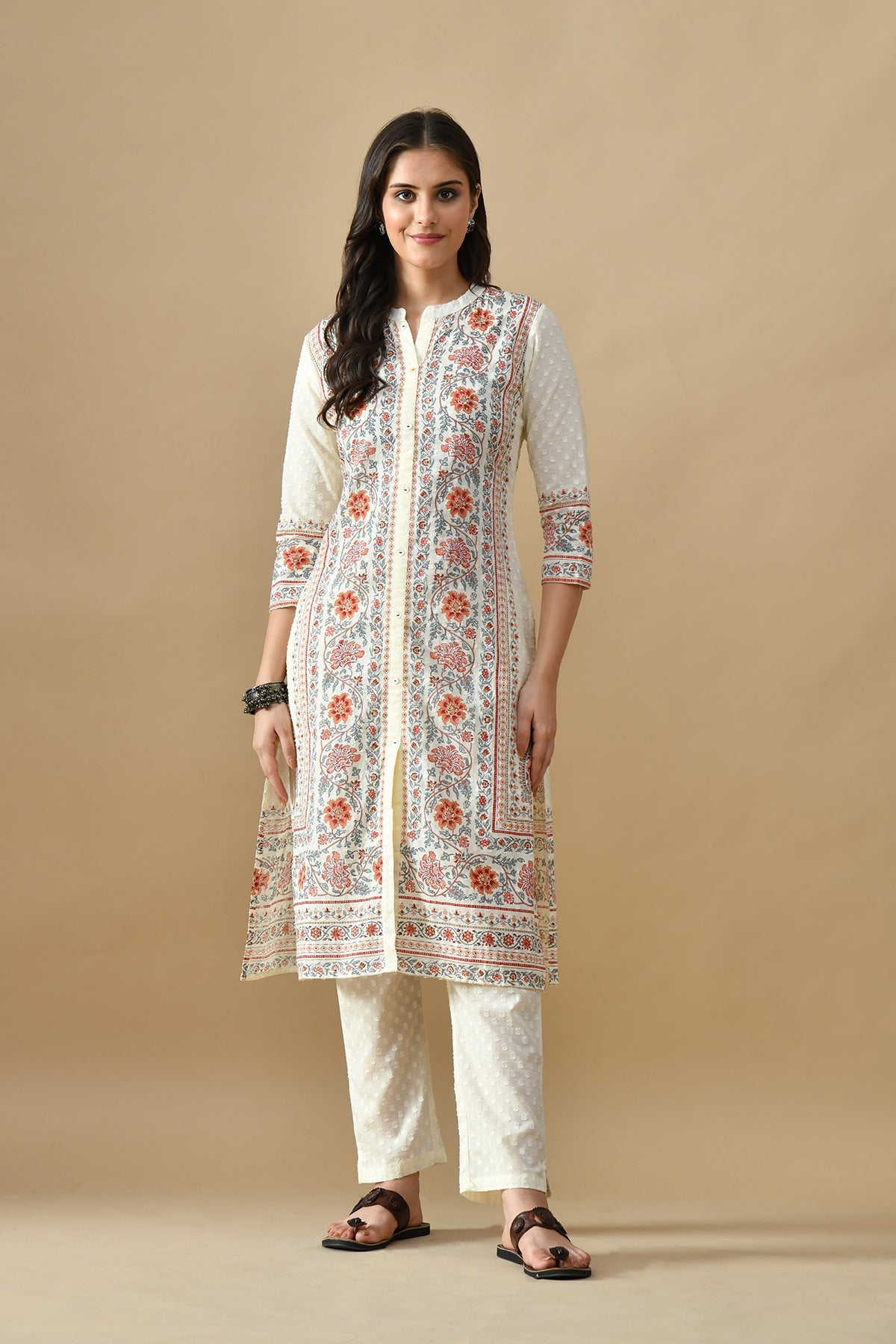 Cream Printed Kurta 3 Pcs Set