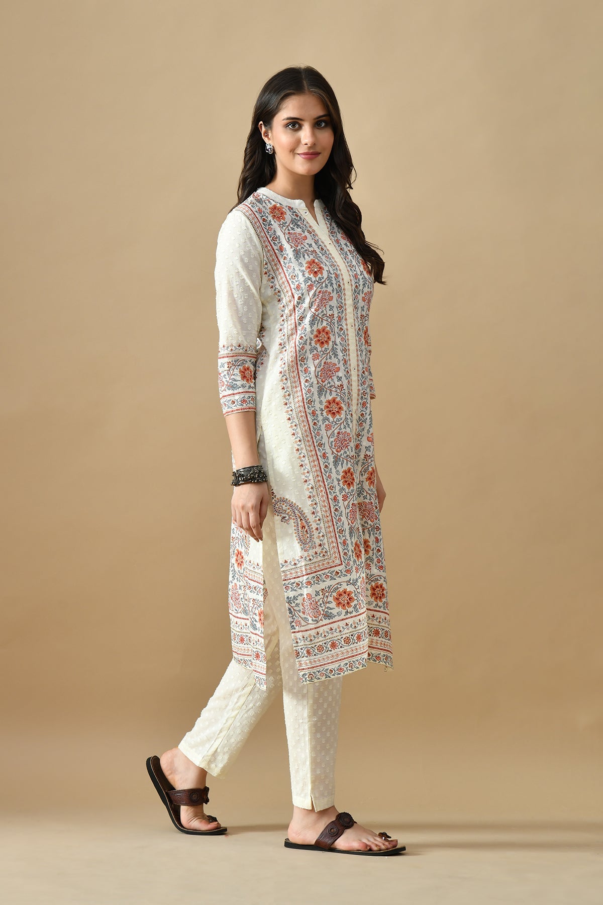 Cream Printed Kurta Set