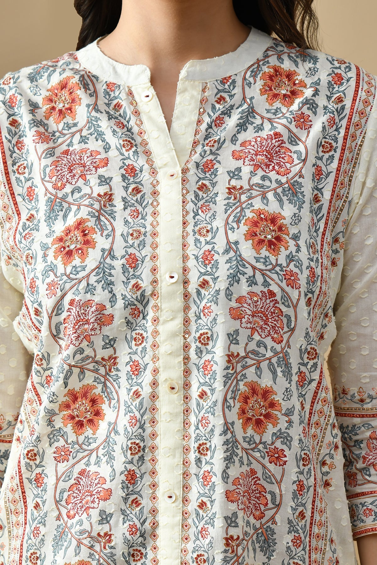 Cream Printed Kurta Set