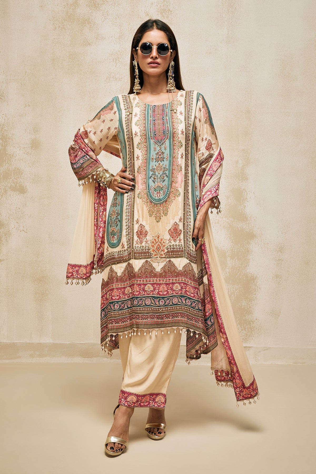 Beige Embellished Kurta 3 Pcs Set
