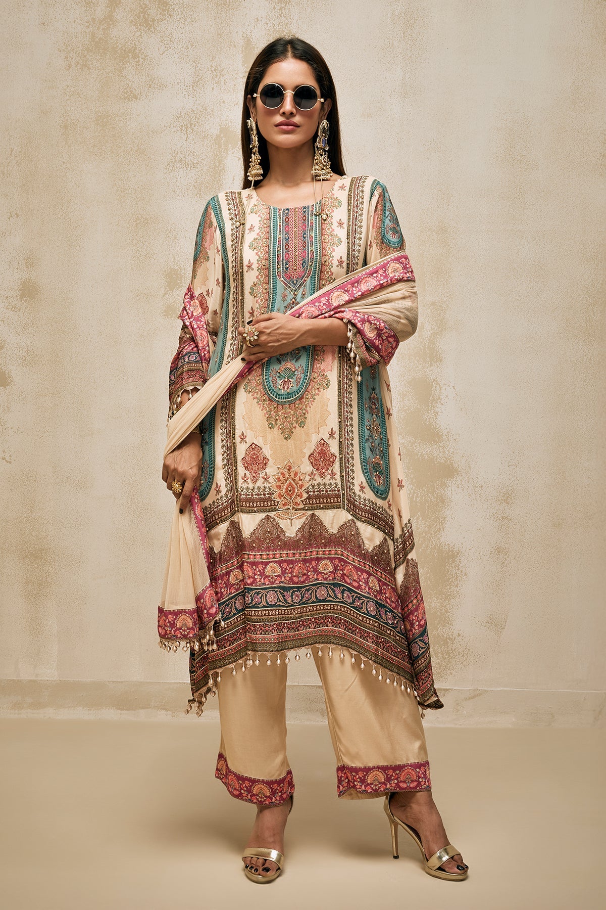 Beige Embellished Kurta 3 Pcs Set