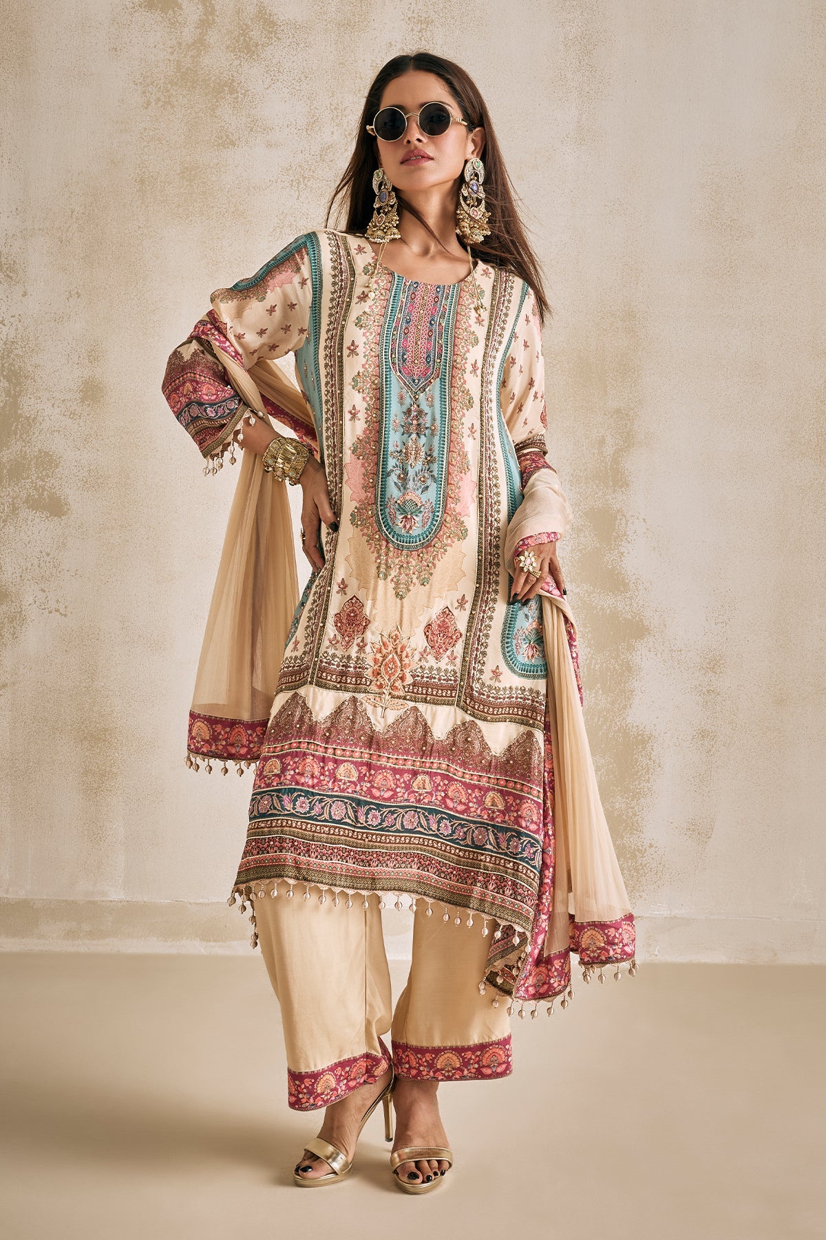 Beige Embellished Kurta Set