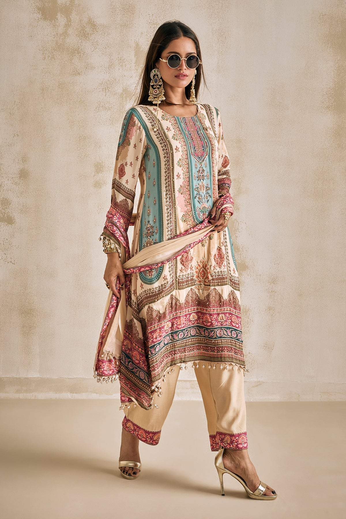 Beige Embellished Kurta Set