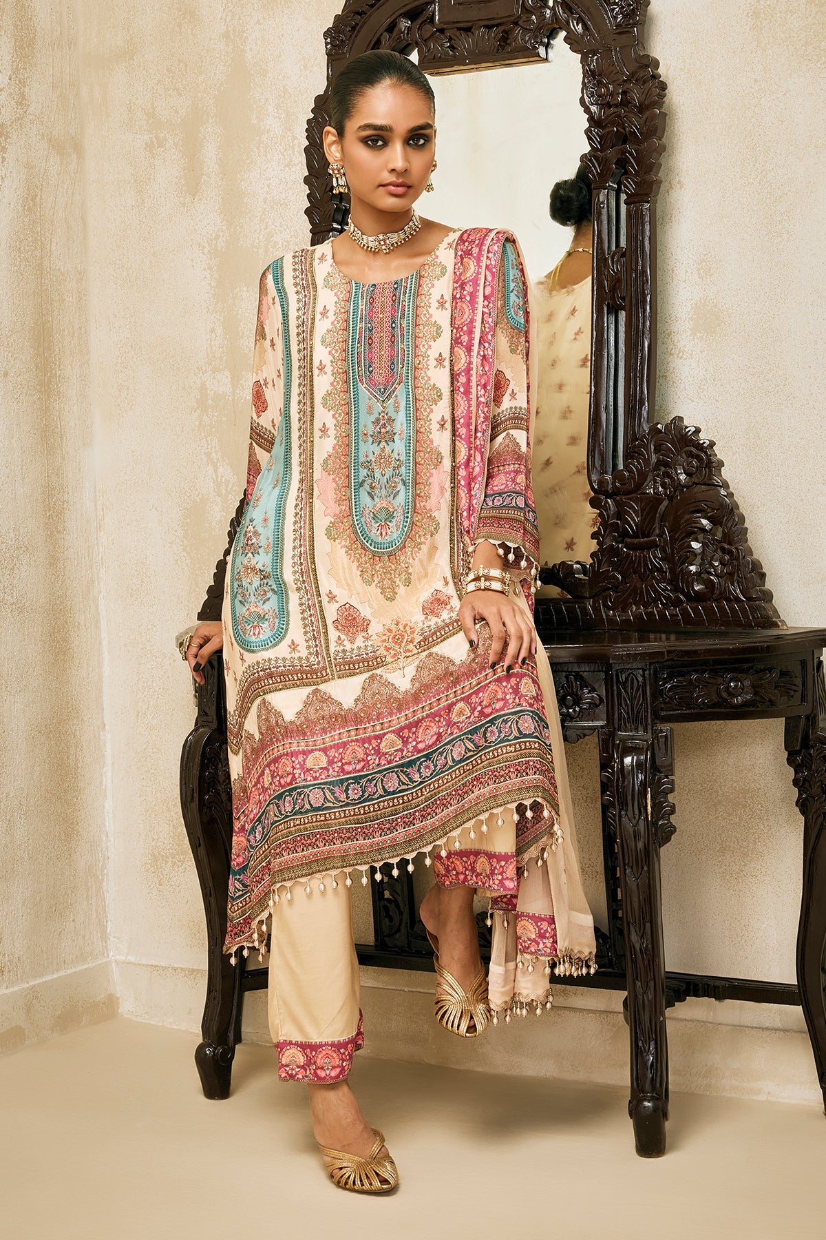 Beige Embellished Kurta Set