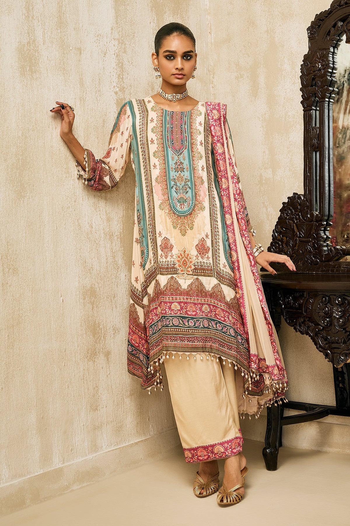 Beige Embellished Kurta Set