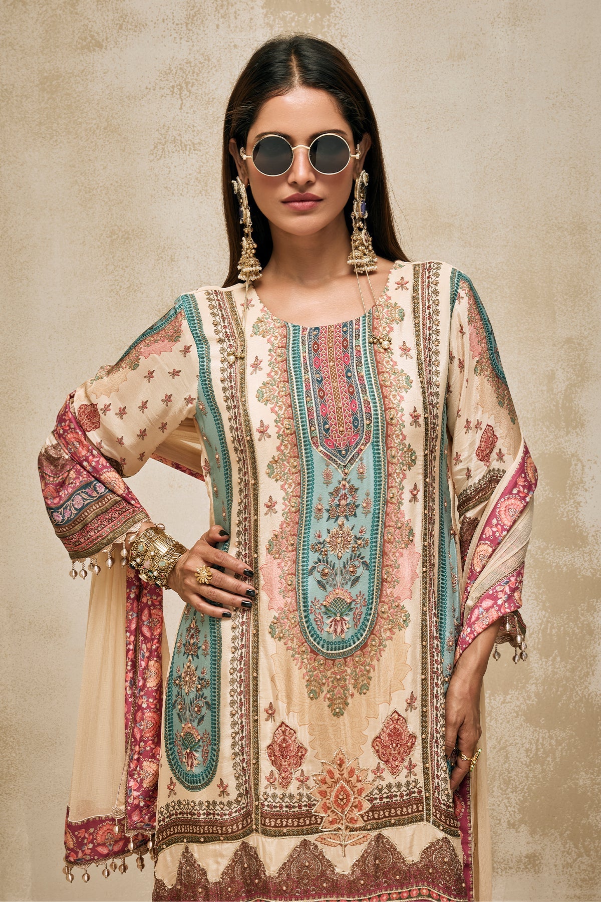 Beige Embellished Kurta Set