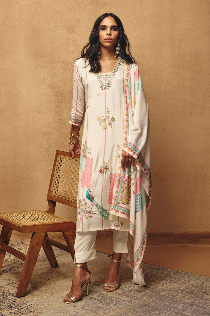 Cream Embellished Kurta Set