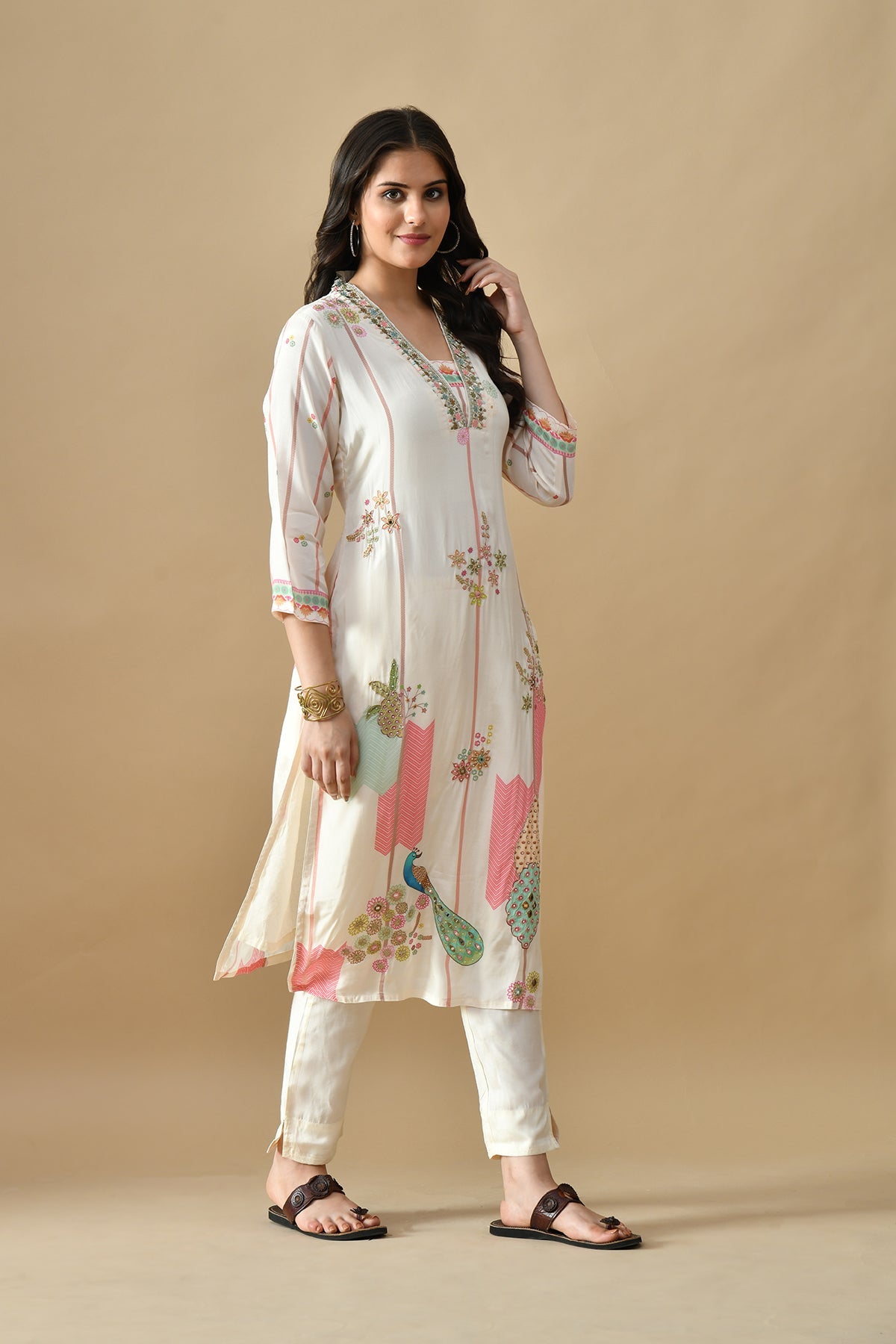 Cream Embellished Kurta Set