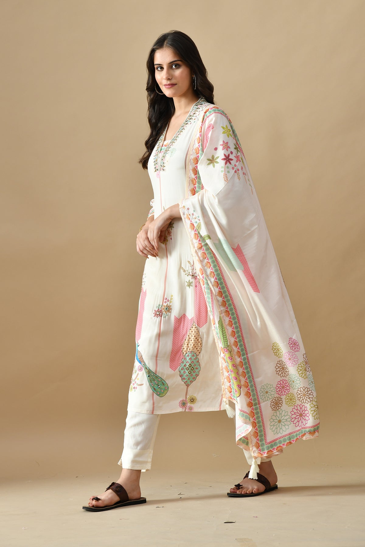 Cream Embellished Kurta Set