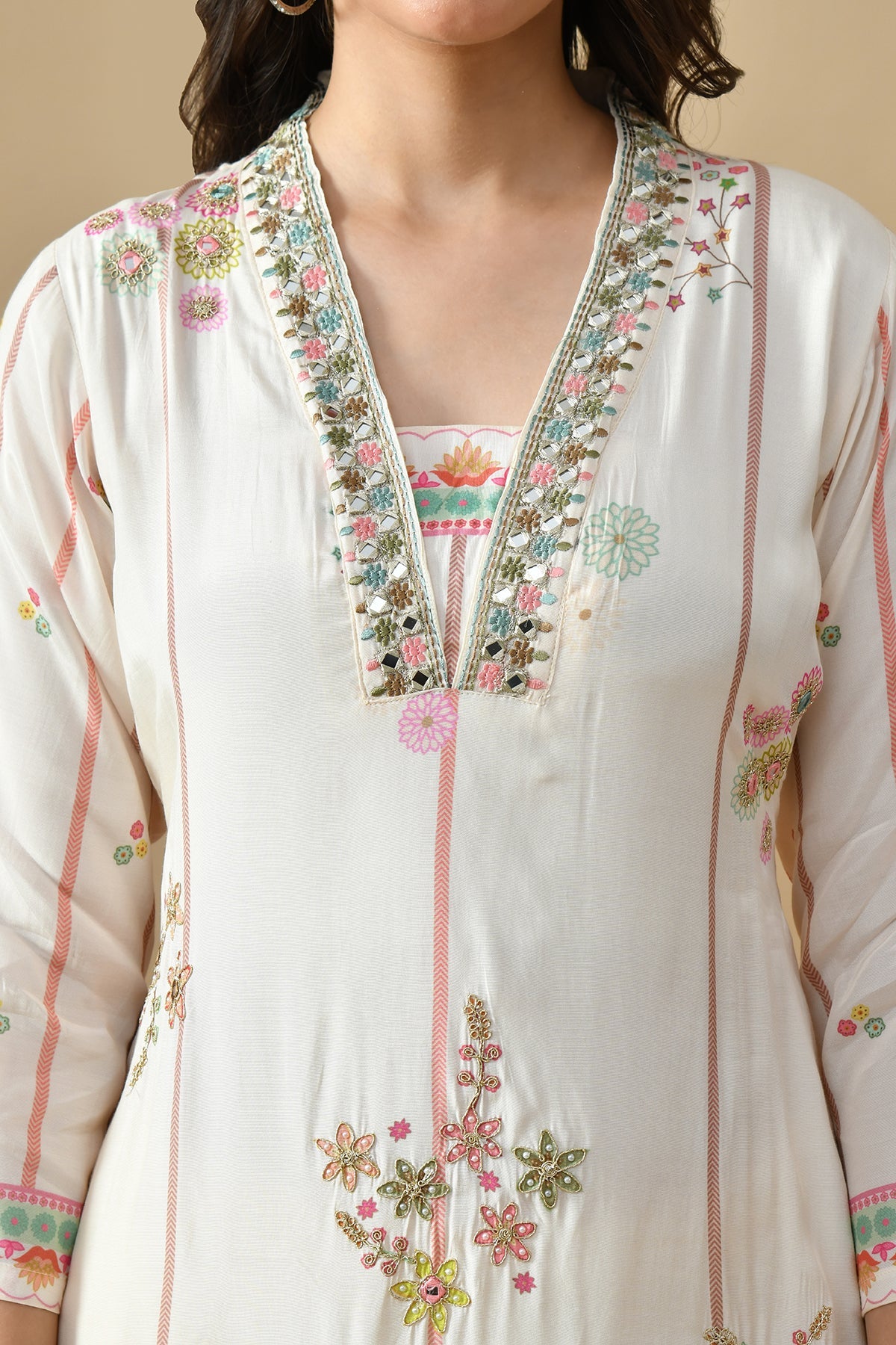 Cream Embellished Kurta Set