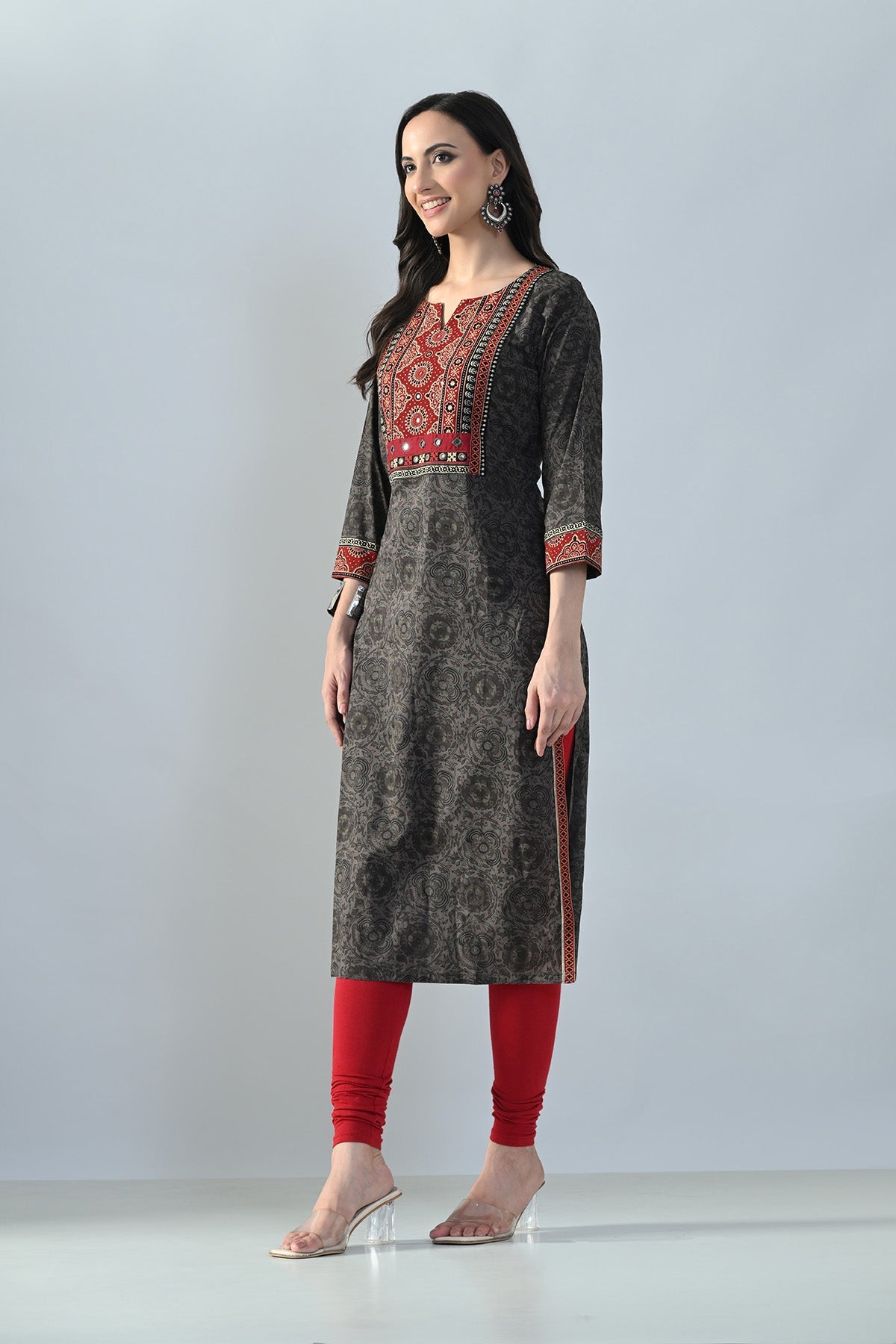 Brown Printed Straight Kurta