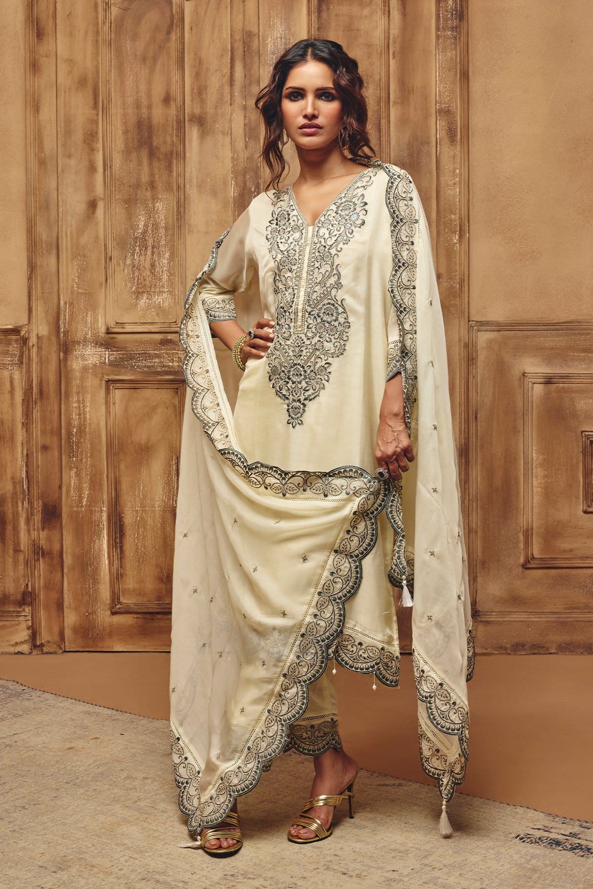 Cream Embroidered Kurta Set