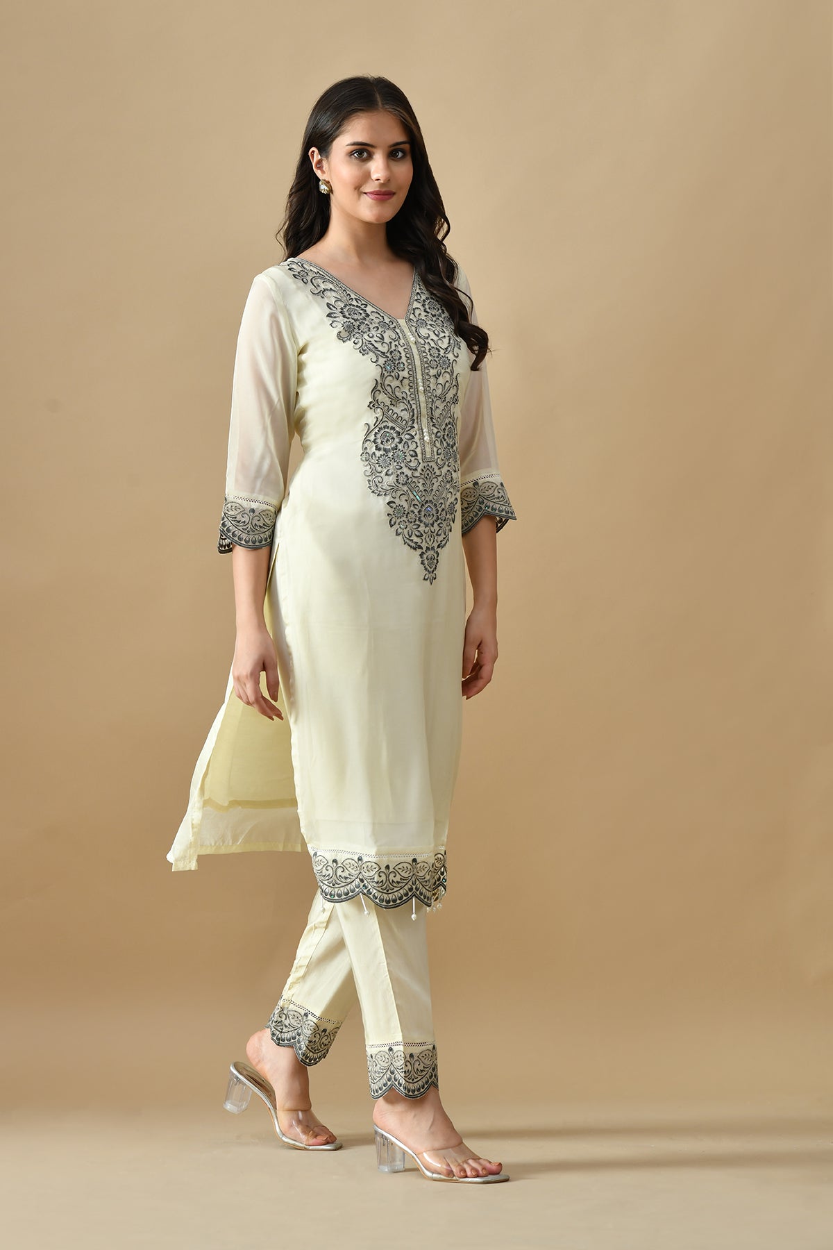 Cream Embroidered Kurta Set