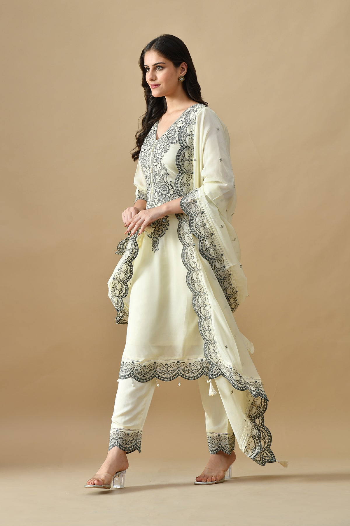 Cream Embroidered Kurta Set