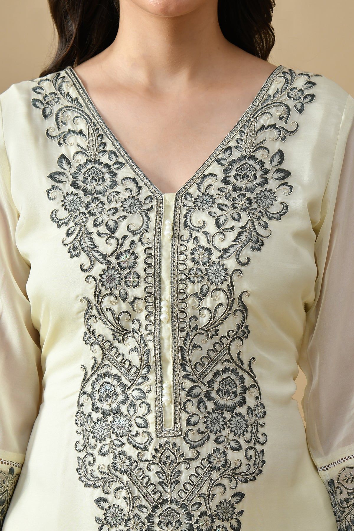 Cream Embroidered Kurta Set