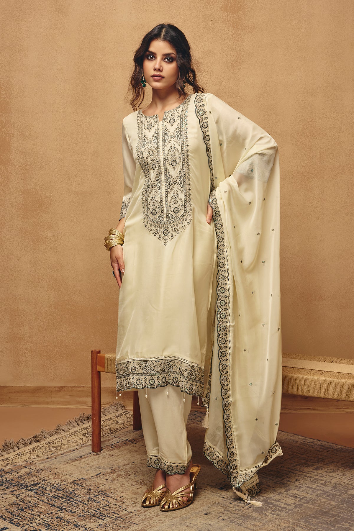 Cream Embroidered Kurta Set