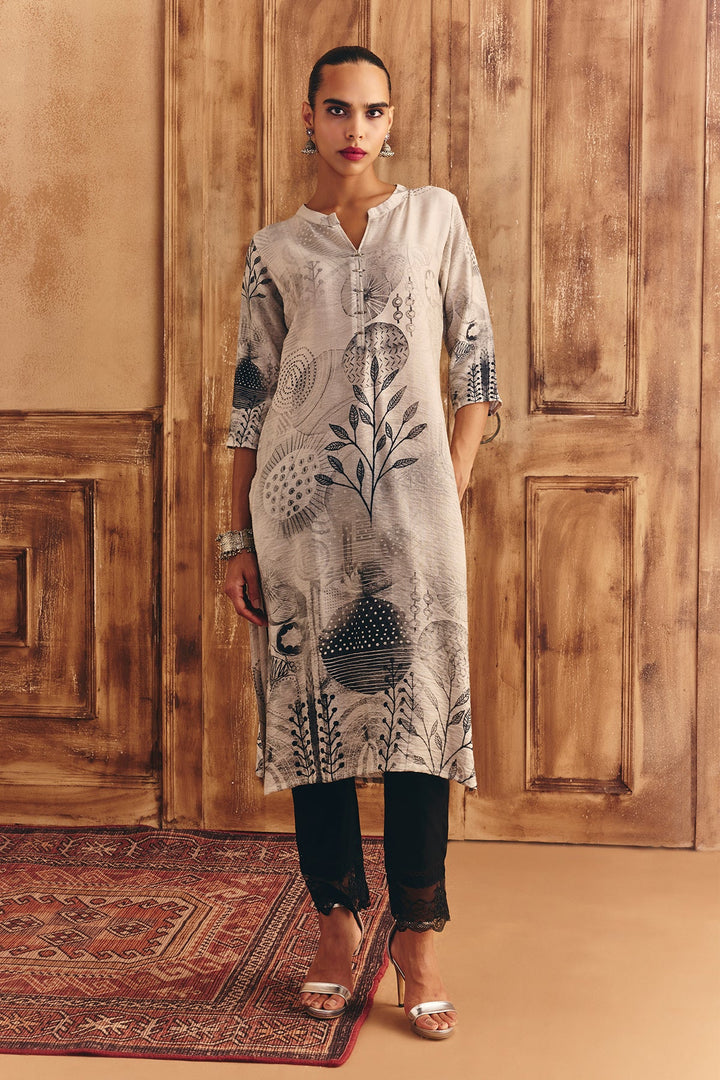 Cream Printed Straight Kurta