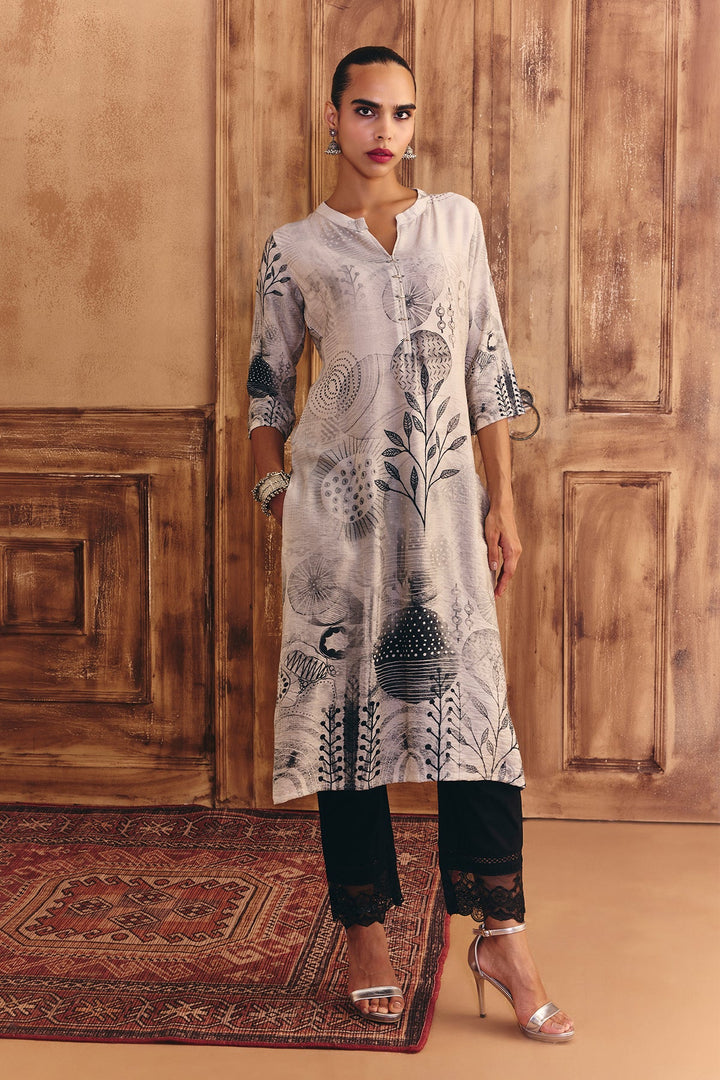 Cream Printed Straight Kurta