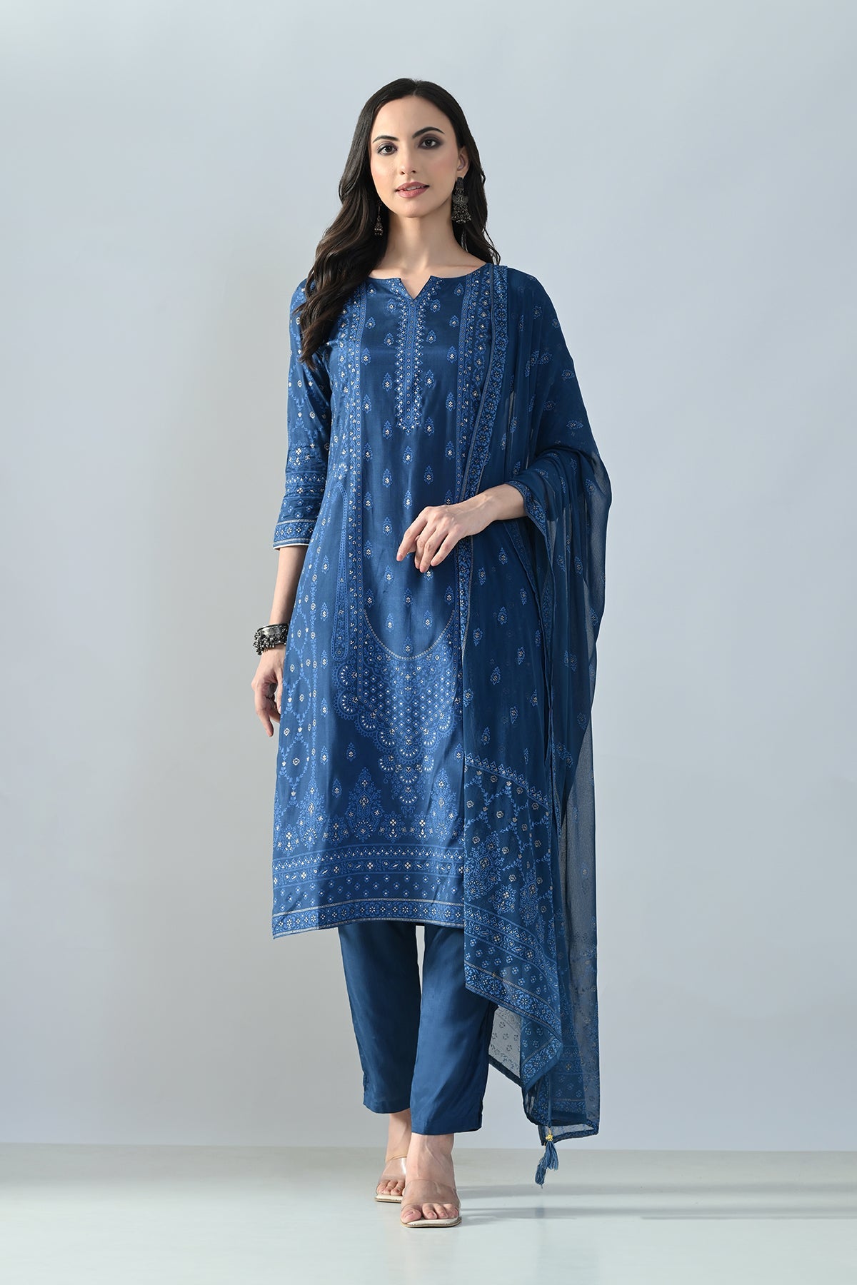 Blue Printed Kurta 3 Pcs Set