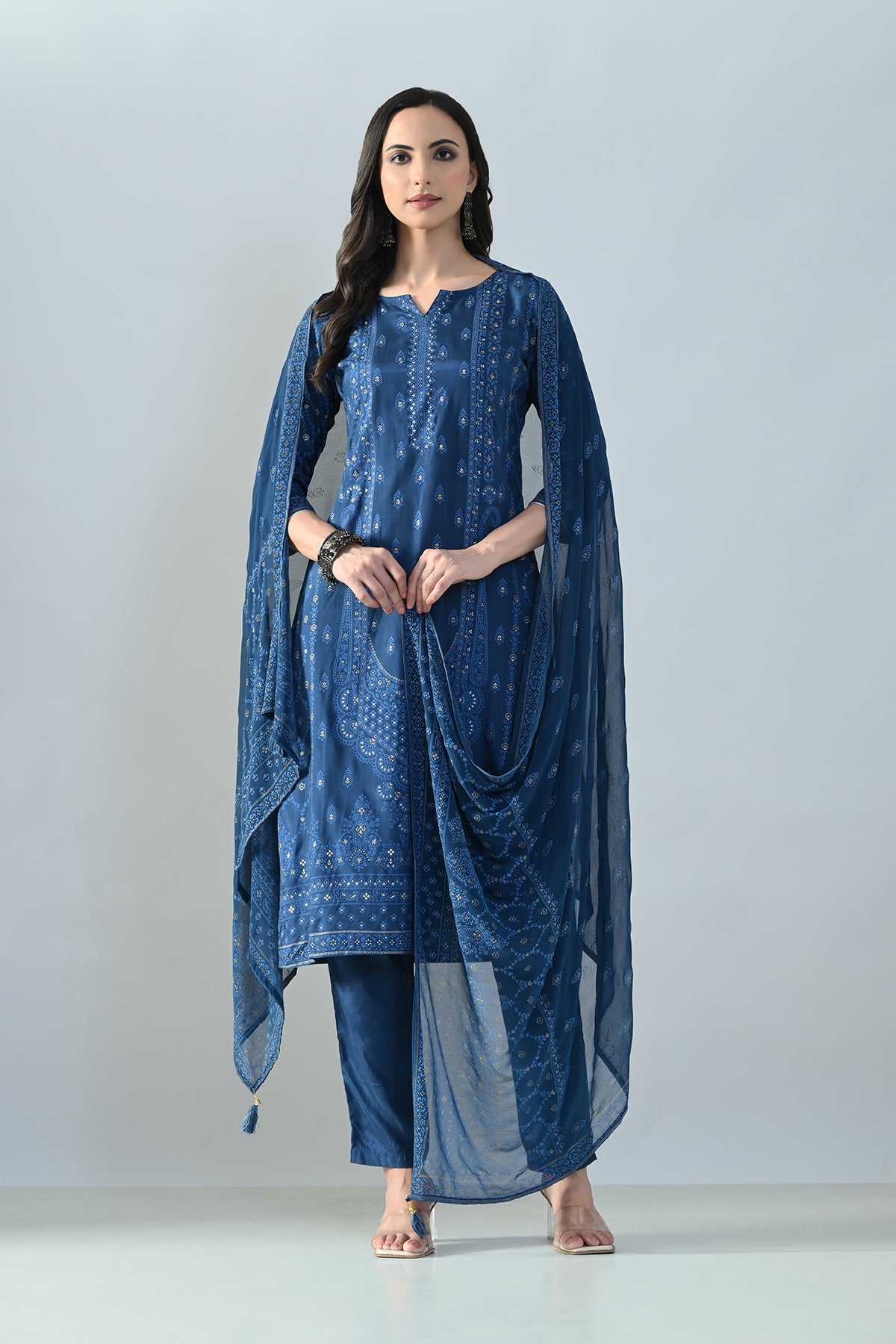 Blue Printed Kurta 3 Pcs Set