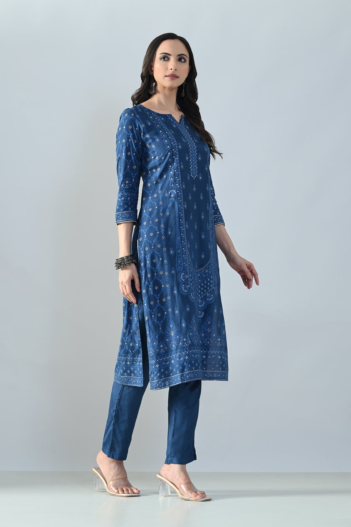 Blue Printed Kurta 3 Pcs Set