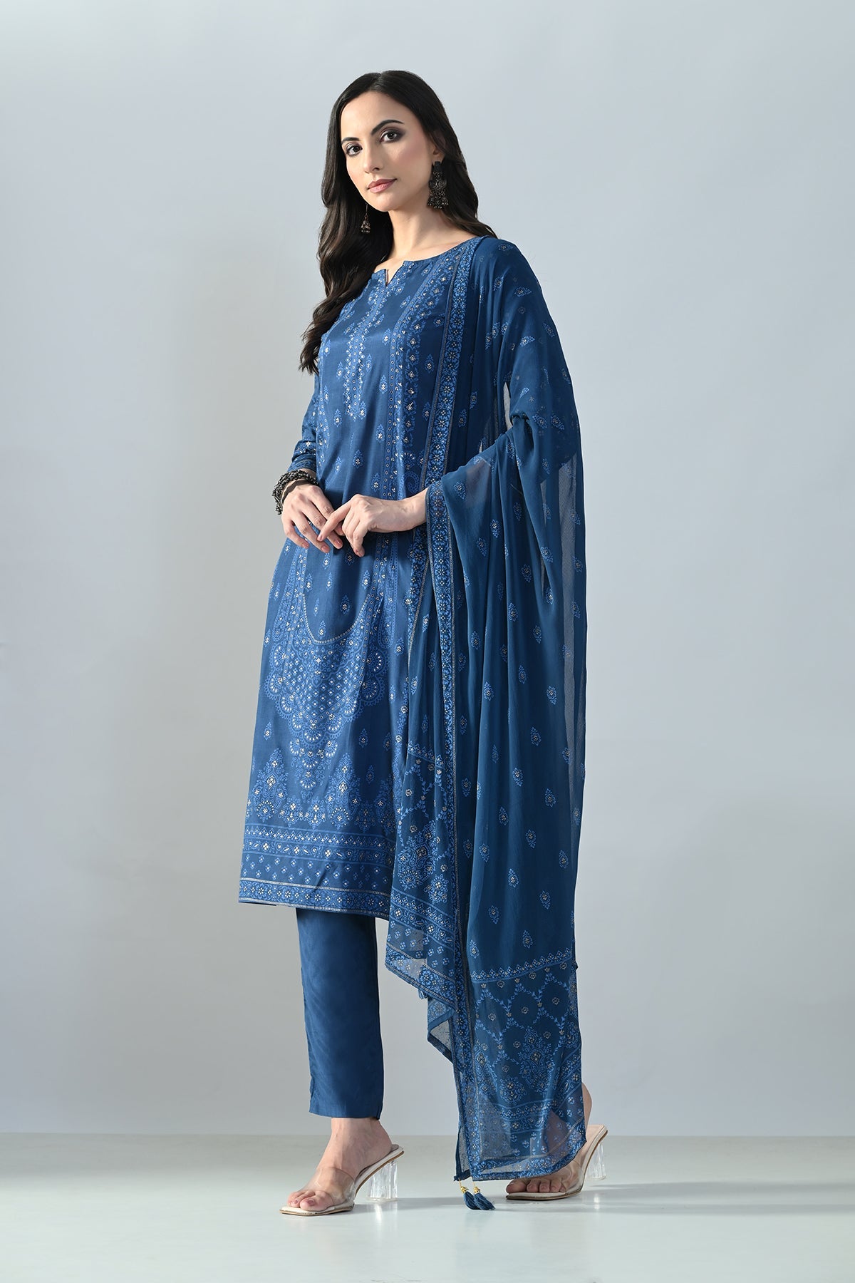 Blue Printed Kurta 3 Pcs Set