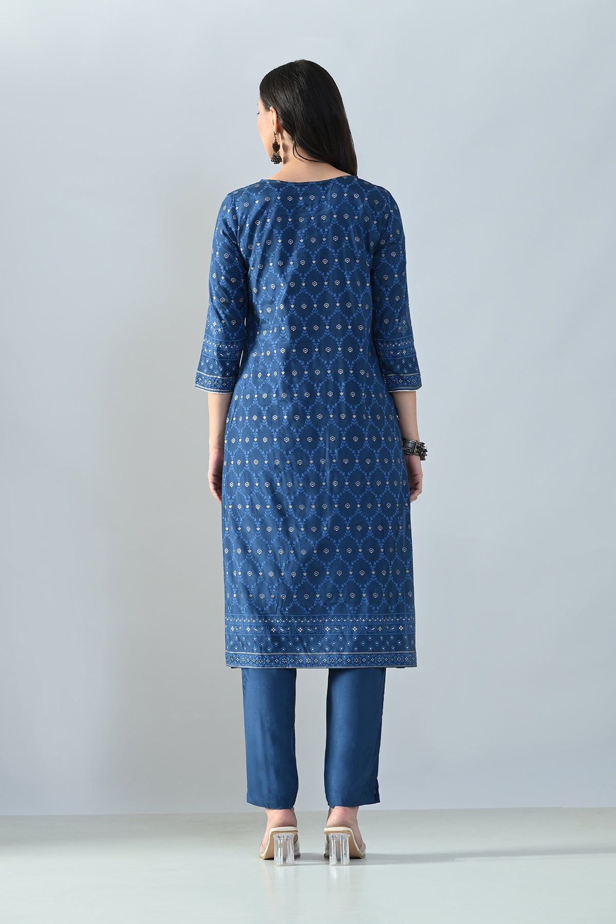 Blue Printed Kurta 3 Pcs Set