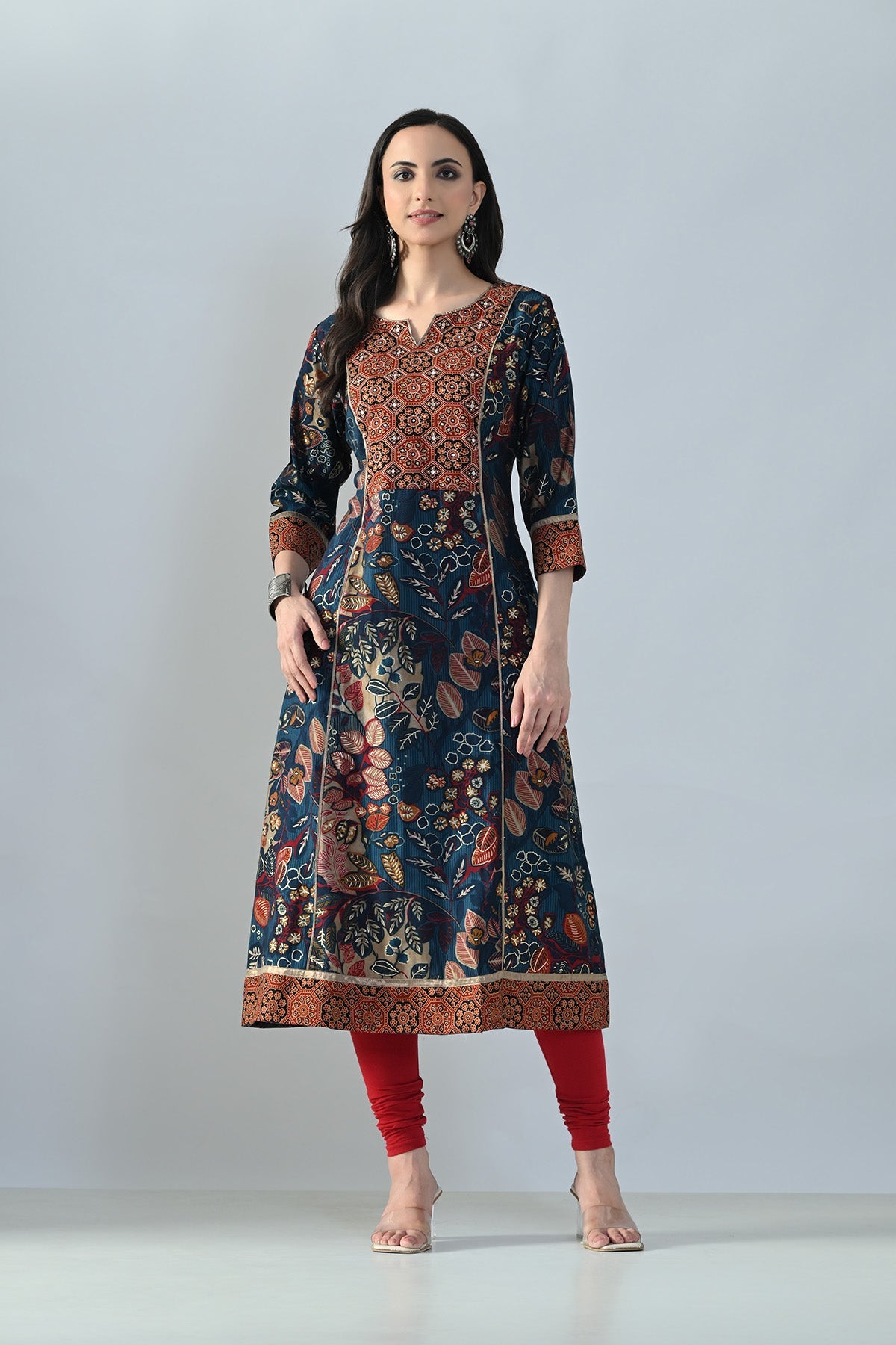 Teal Printed A-line Kurta