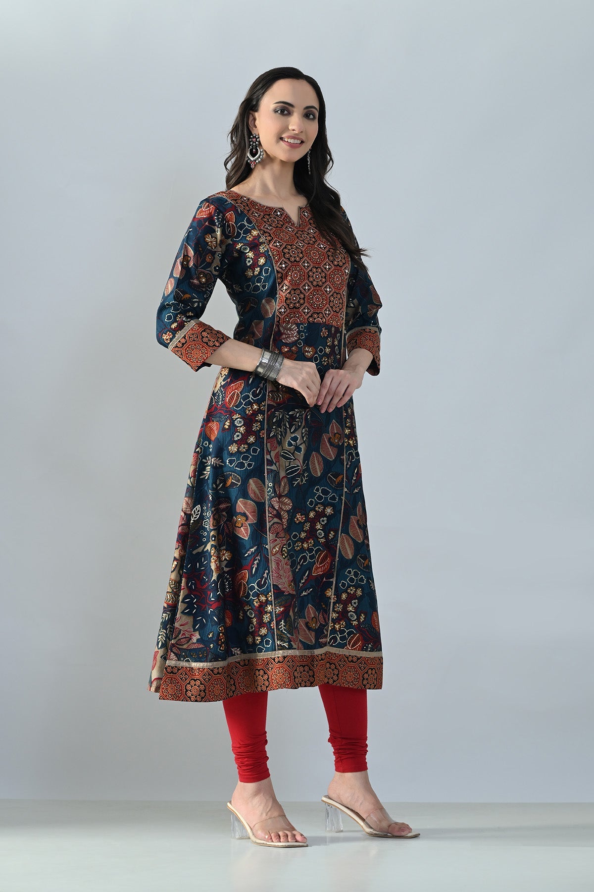 Teal Printed A-line Kurta