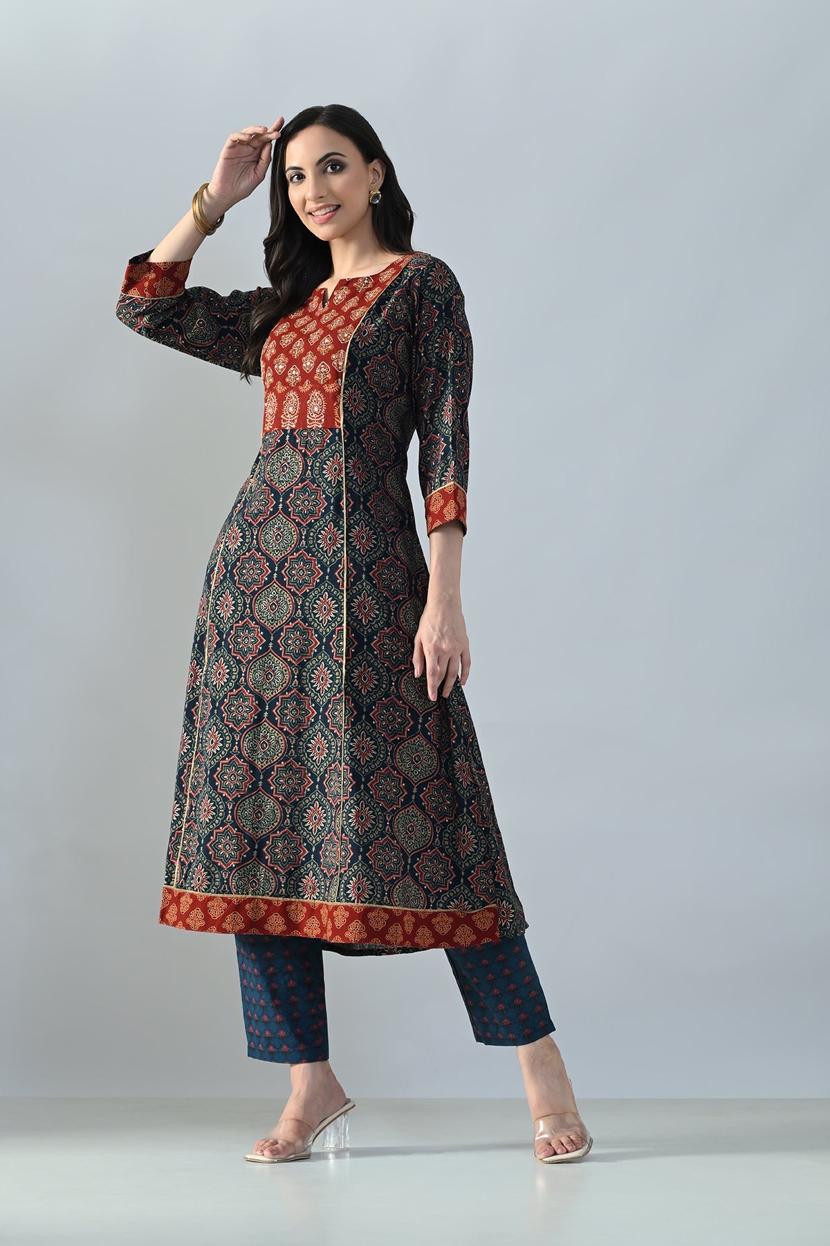 Blue Printed A-line Kurta