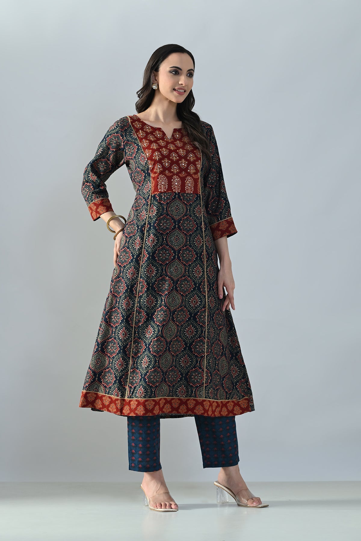 Blue Printed A-line Kurta
