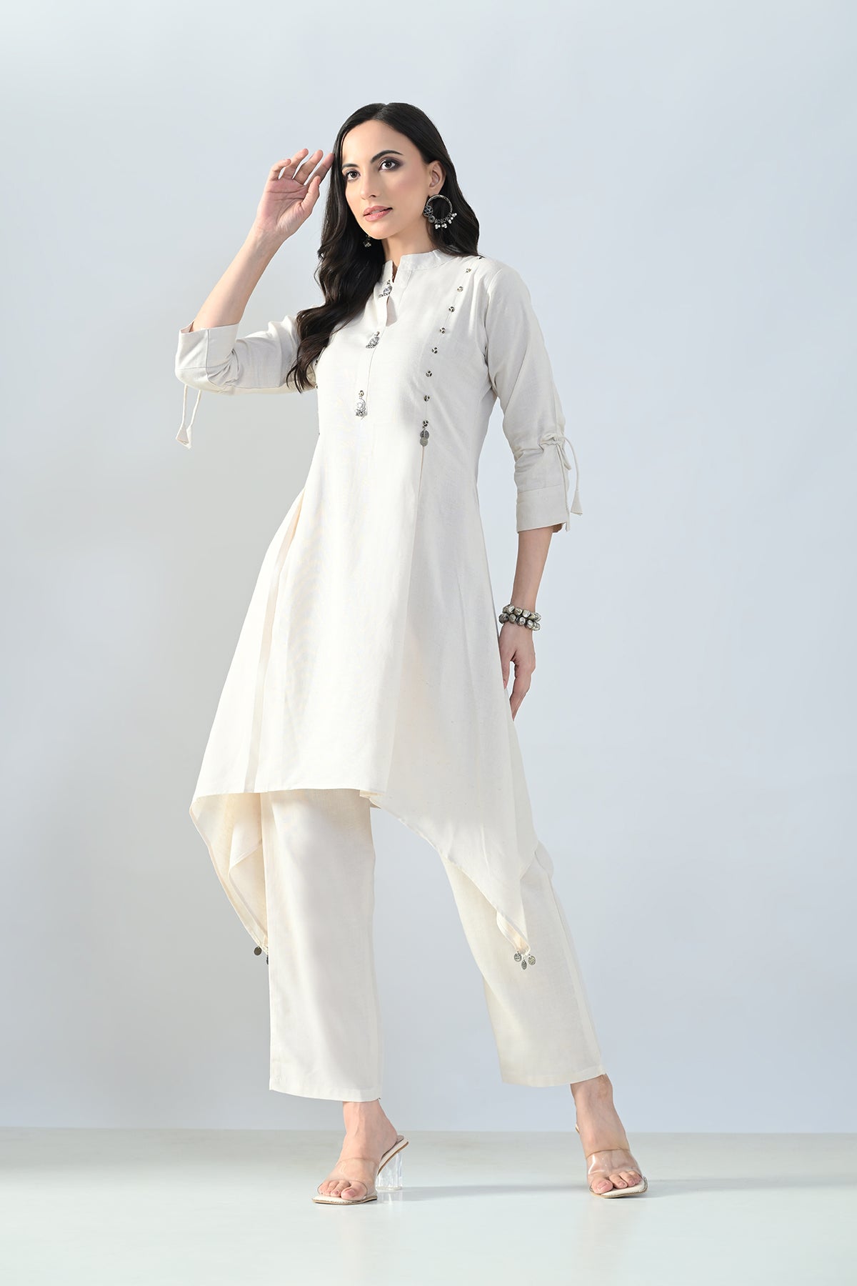 Cream Solid A-Line Kurta Set (2 Piece)
