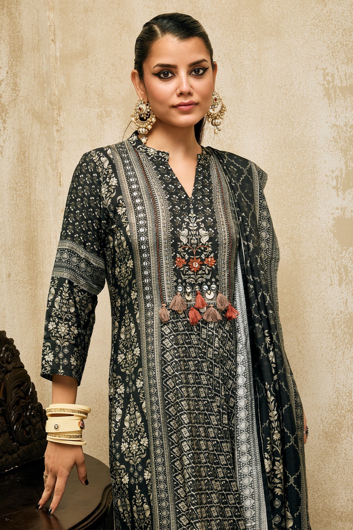 Black Printed Kurta 3 Pcs Set