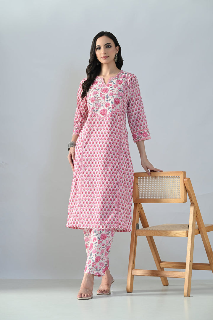 Cream Printed Straight Kurta Set
