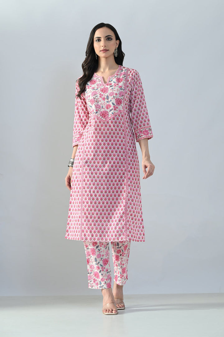 Cream Printed Straight Kurta Set