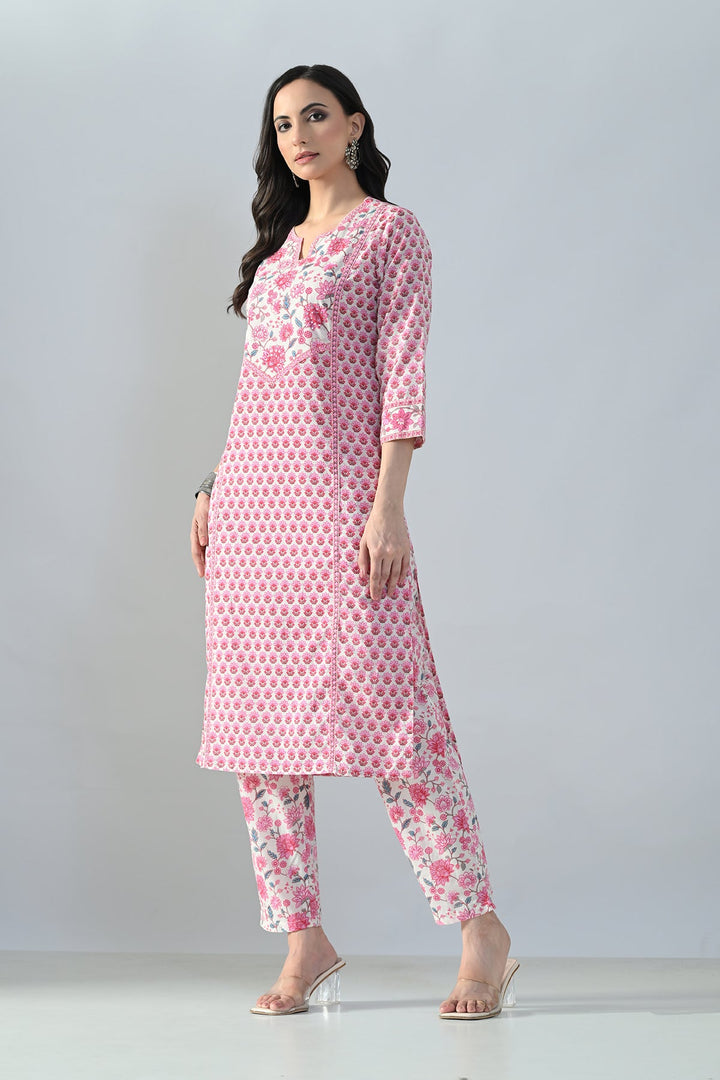 Cream Printed Straight Kurta Set