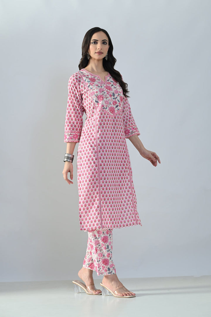 Cream Printed Straight Kurta Set