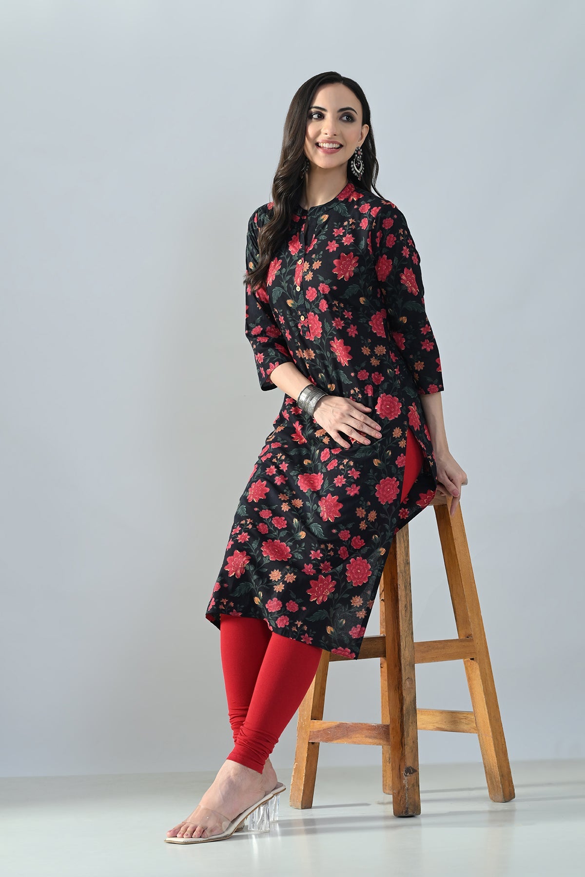 Black Floral Printed Kurta