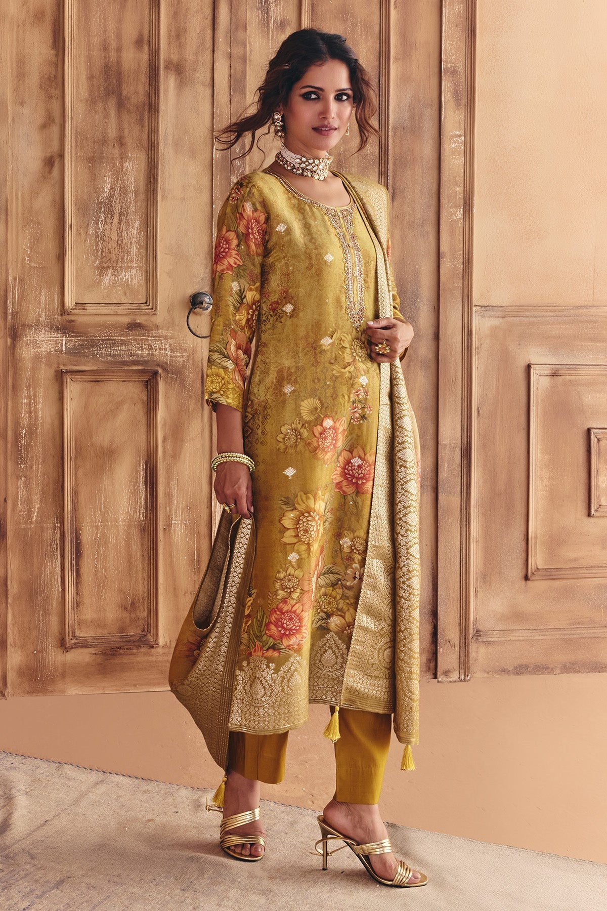 Mustard Embellished Kurta 3 Pcs Set