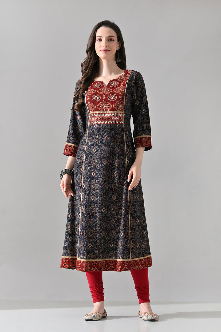 Blue Printed A-line Kurta