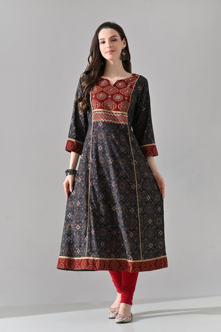 Blue Printed A-line Kurta