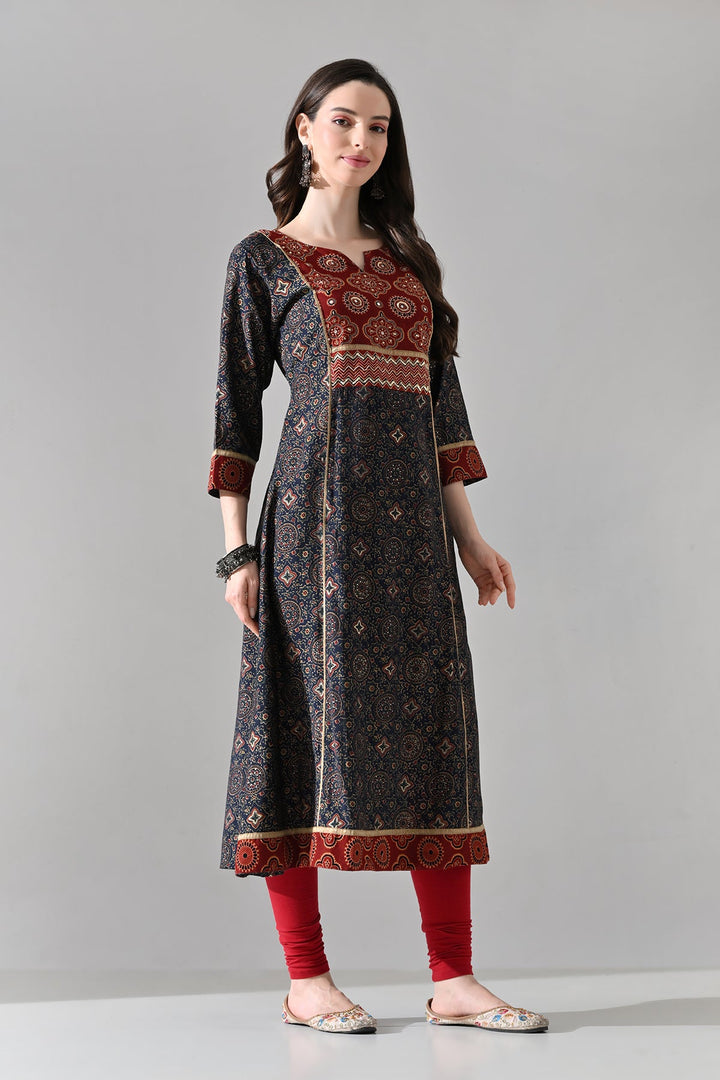 Blue Printed A-line Kurta