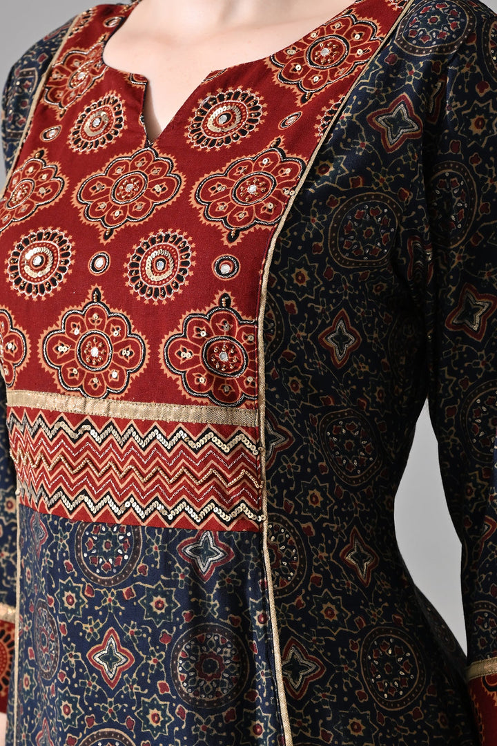 Blue Printed A-line Kurta